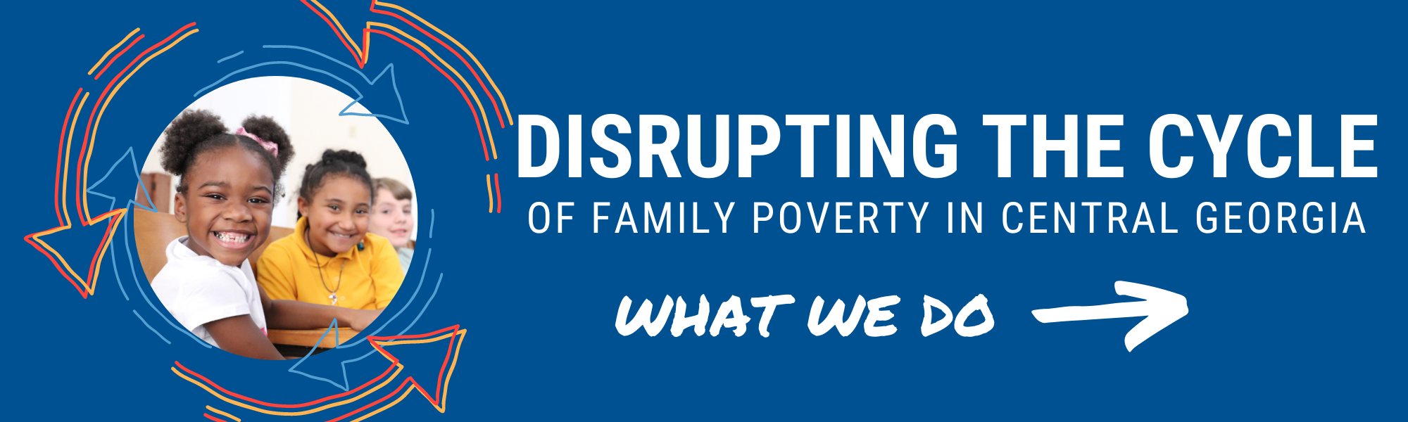 What we do promo banner kids smiling with arrows going around photo